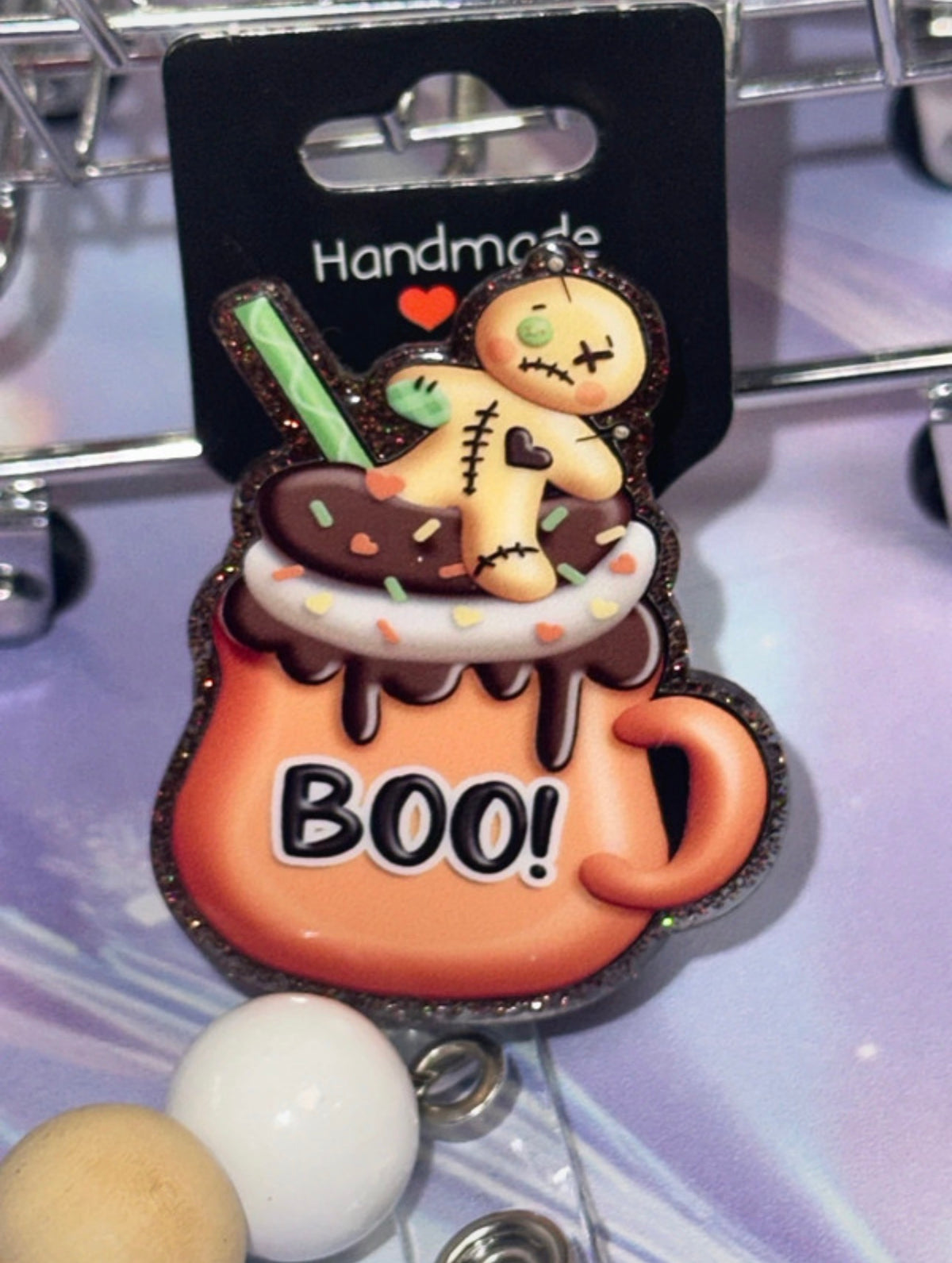Boo mug voodoo doll badge reel