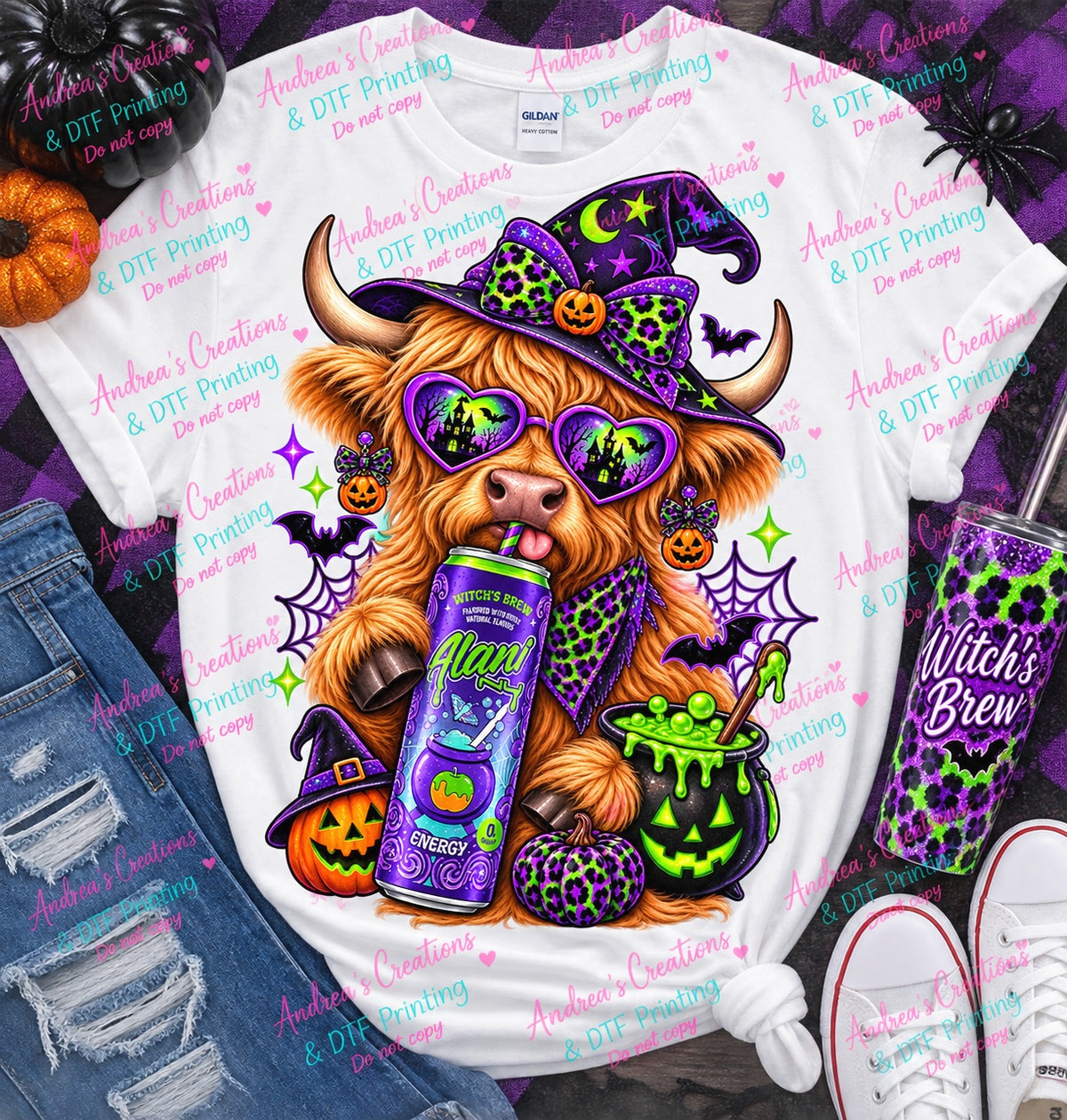 Bright Witch's Brew Highland Cow DTF transfer design