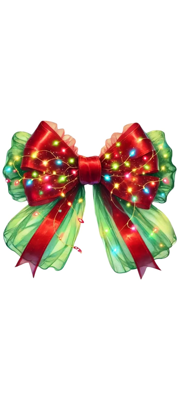 Red and green Christmas lights bow DTF transfer design