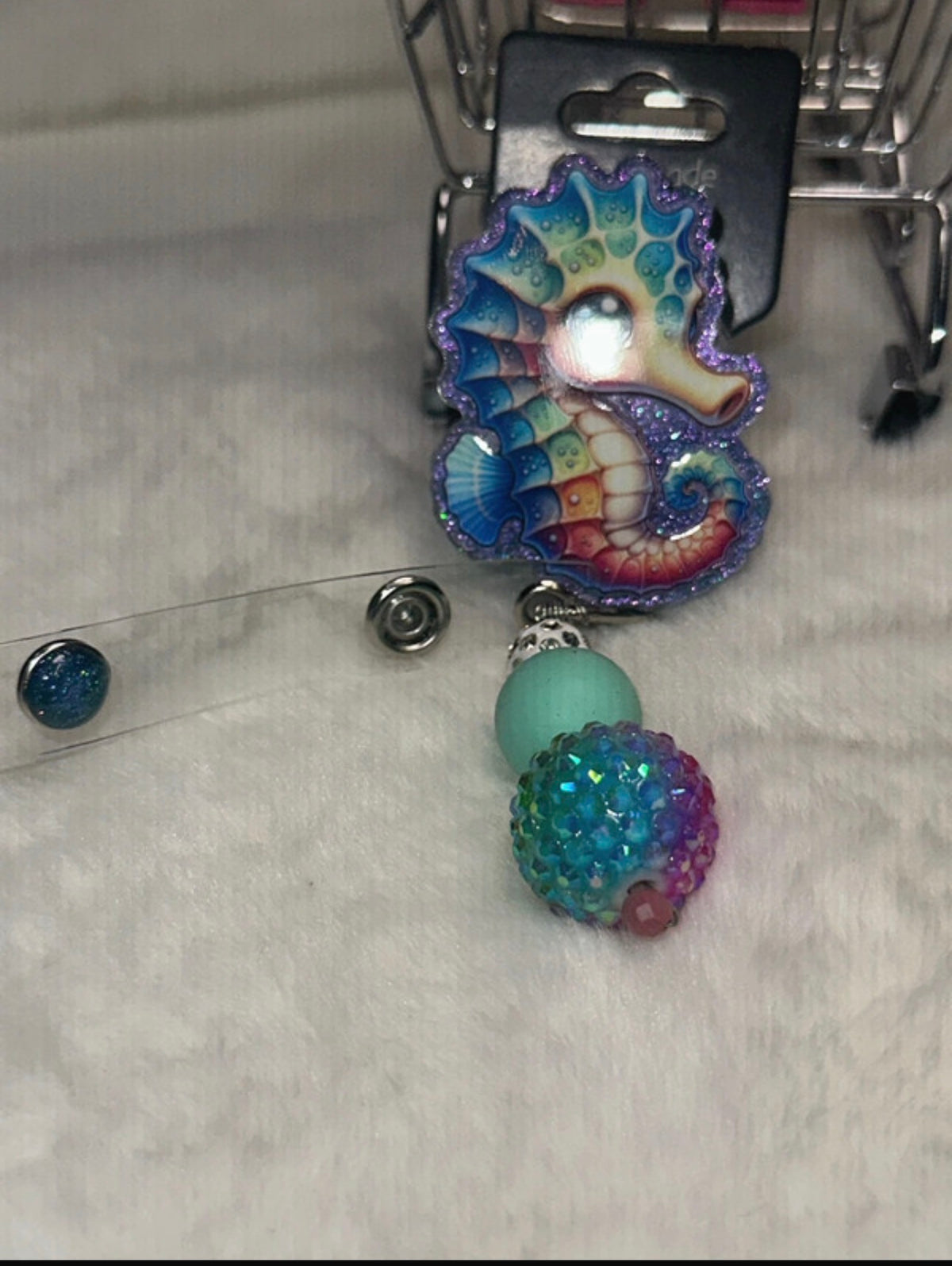 Colorful Dragon Badge Reel with Aqua Glitter Bead