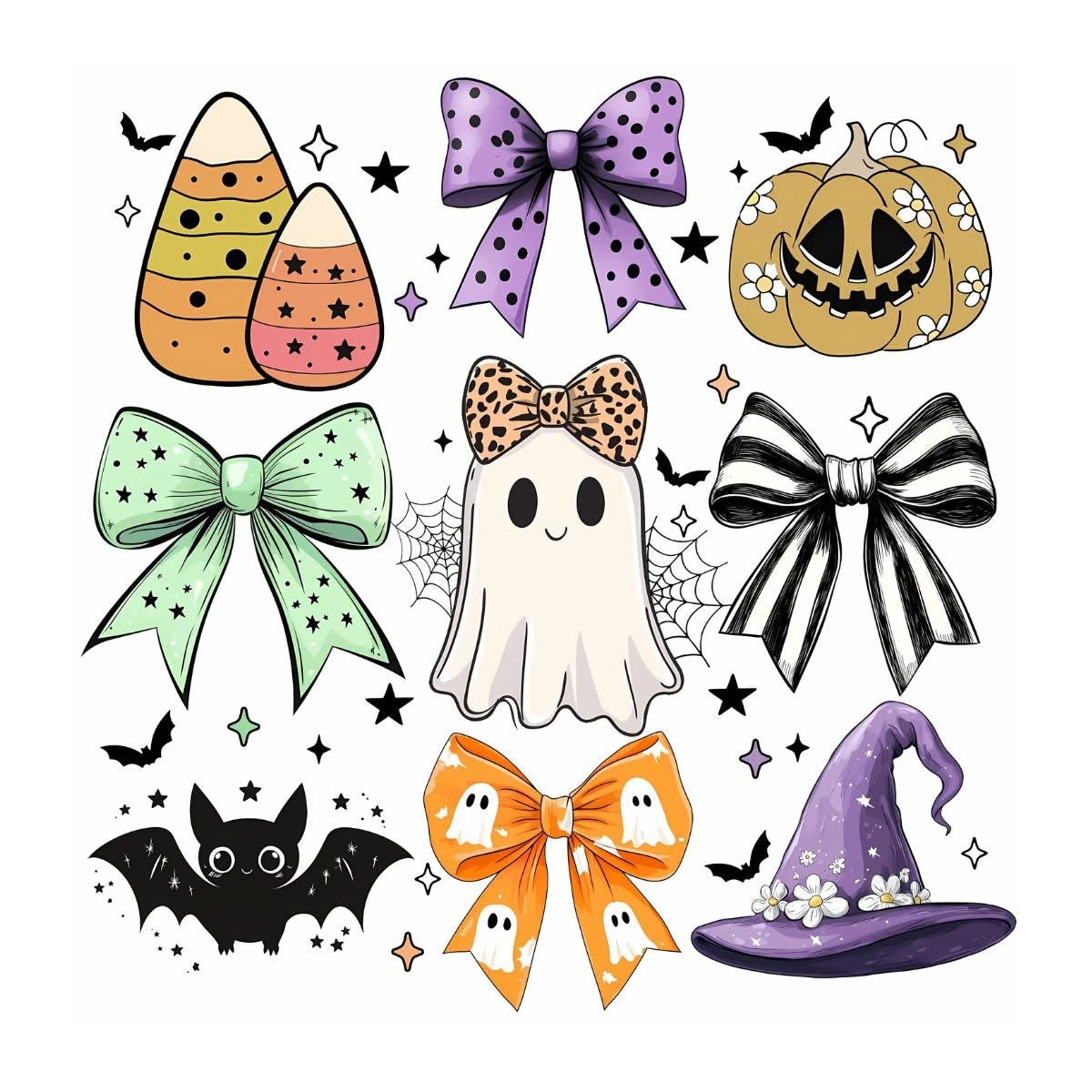 Colorful Halloween bows and ghost DTF transfer design