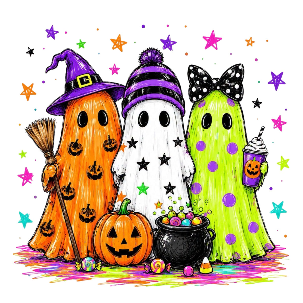 Colorful Halloween ghosts DTF transfer design
