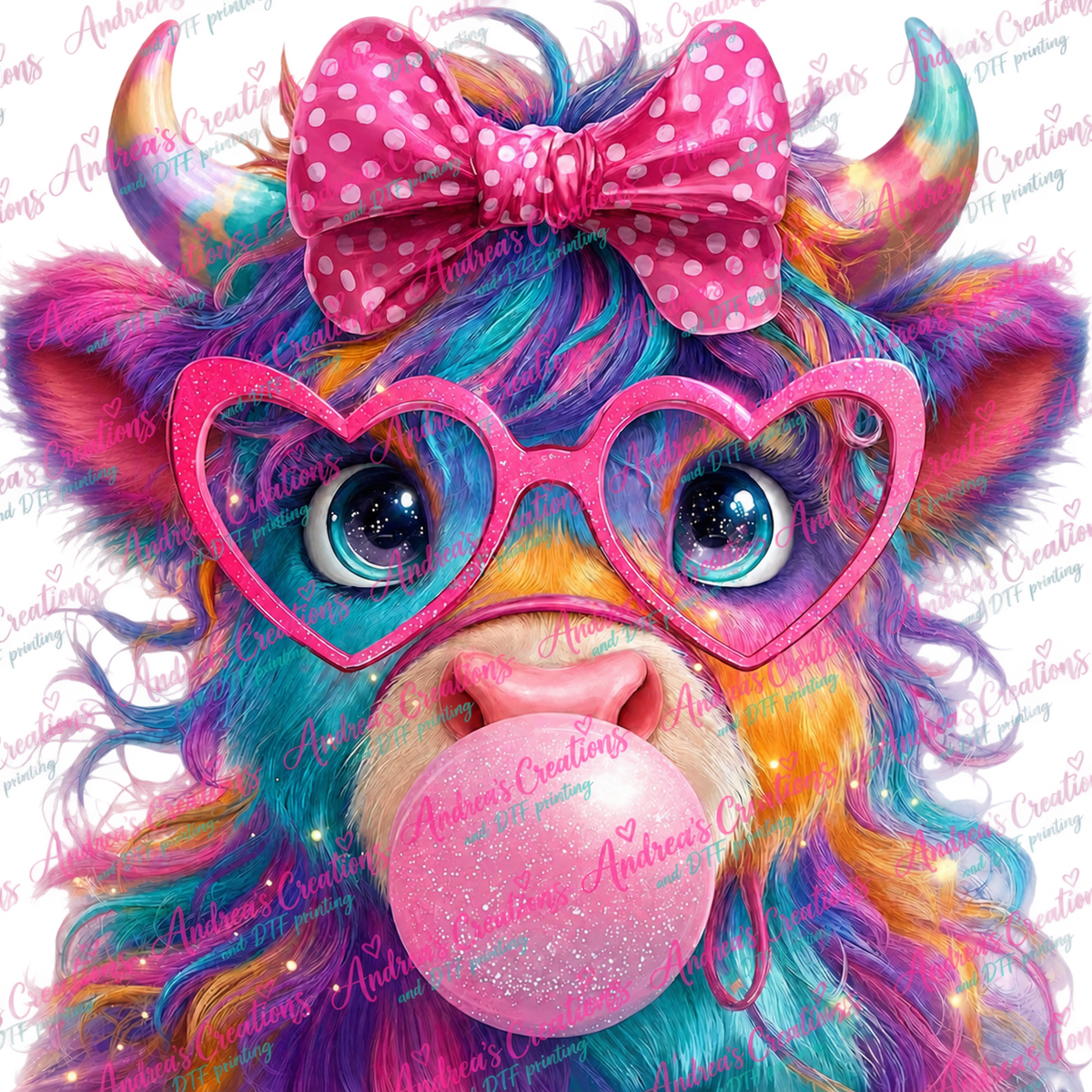 Colorful Highland Cow Bubblegum DTF Transfer protected preview