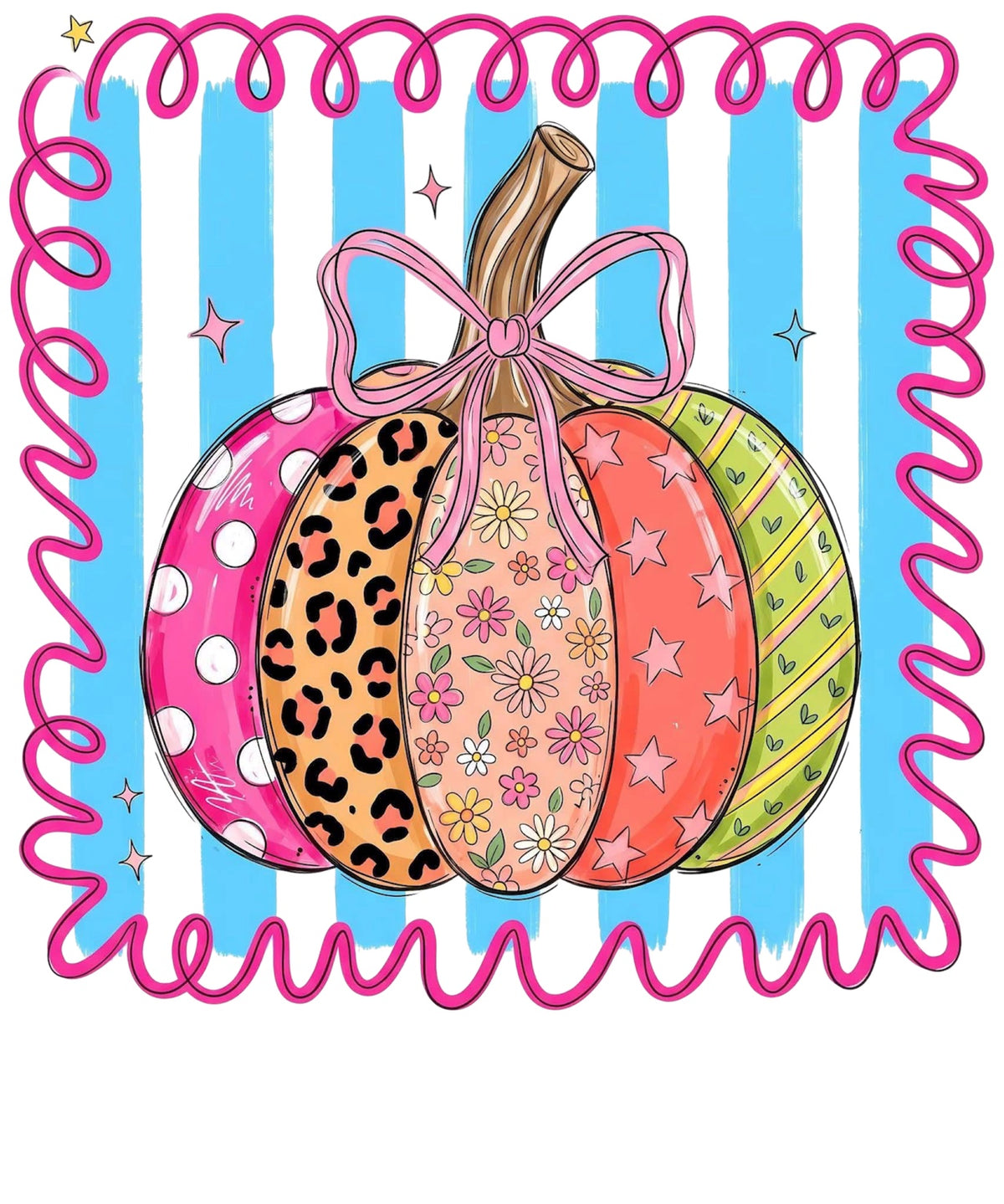 Colorful patterned pumpkin with bow DTF transfer design