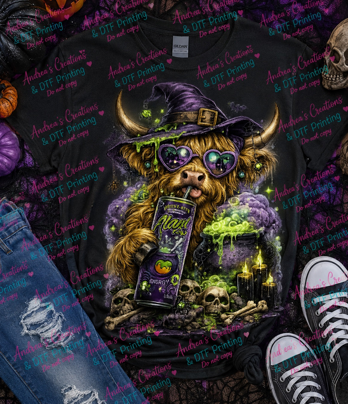 Dark Witch's Brew Highland Cow DTF transfer design