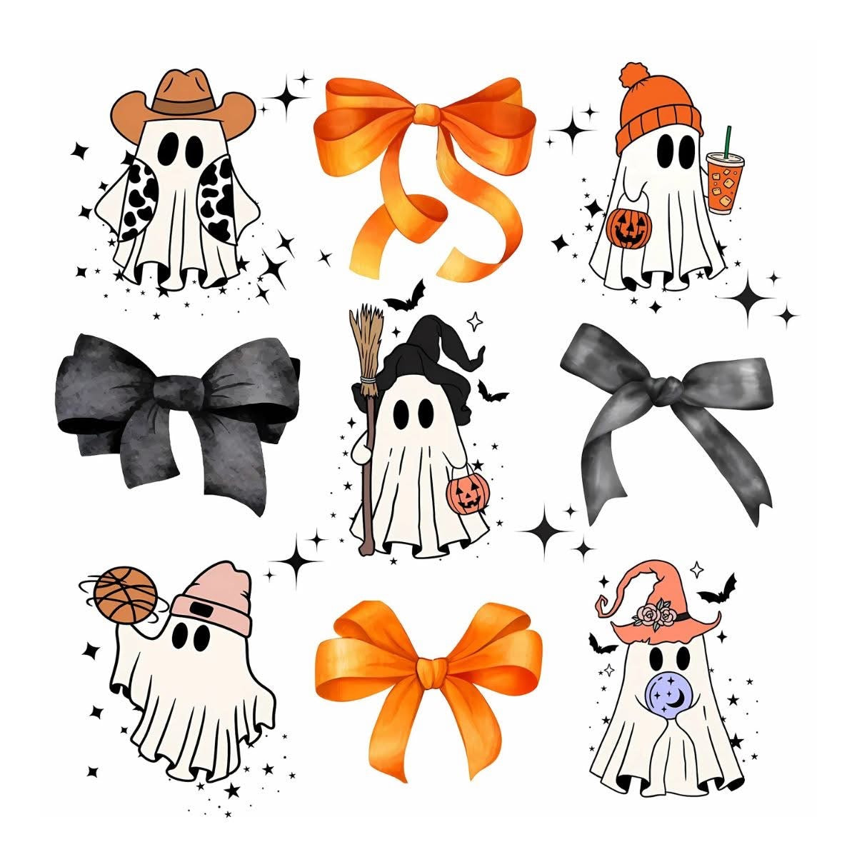 Halloween ghosts and orange bows DTF transfer design