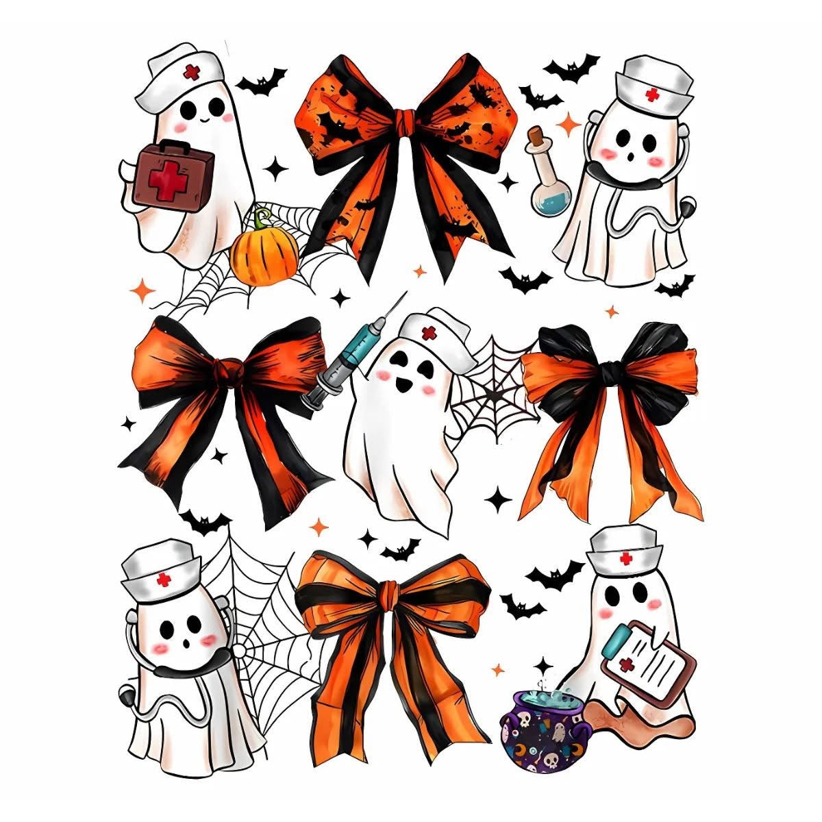 Halloween nurse ghosts and orange bows DTF transfer design