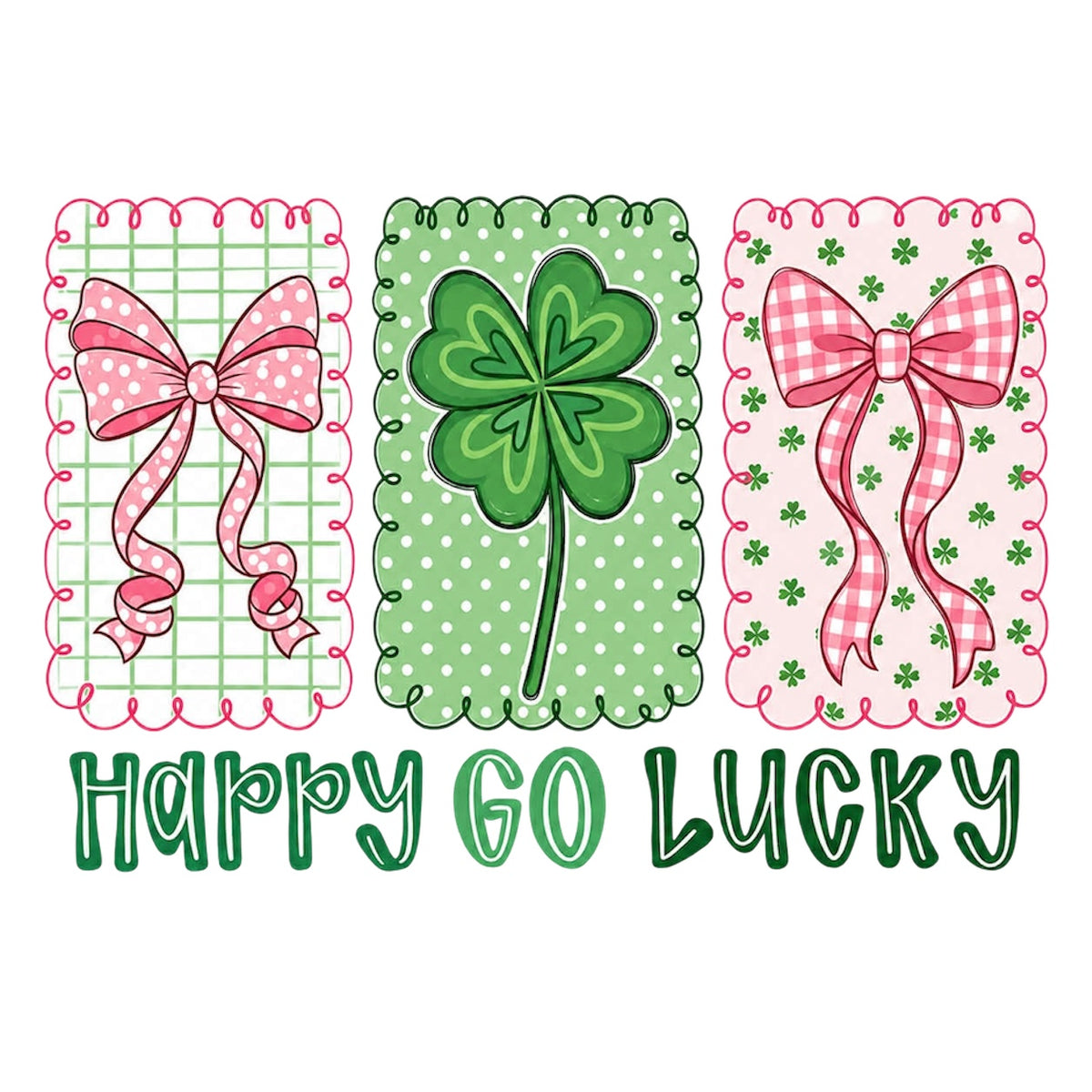 Happy Go Lucky pink bows and shamrock DTF transfer design