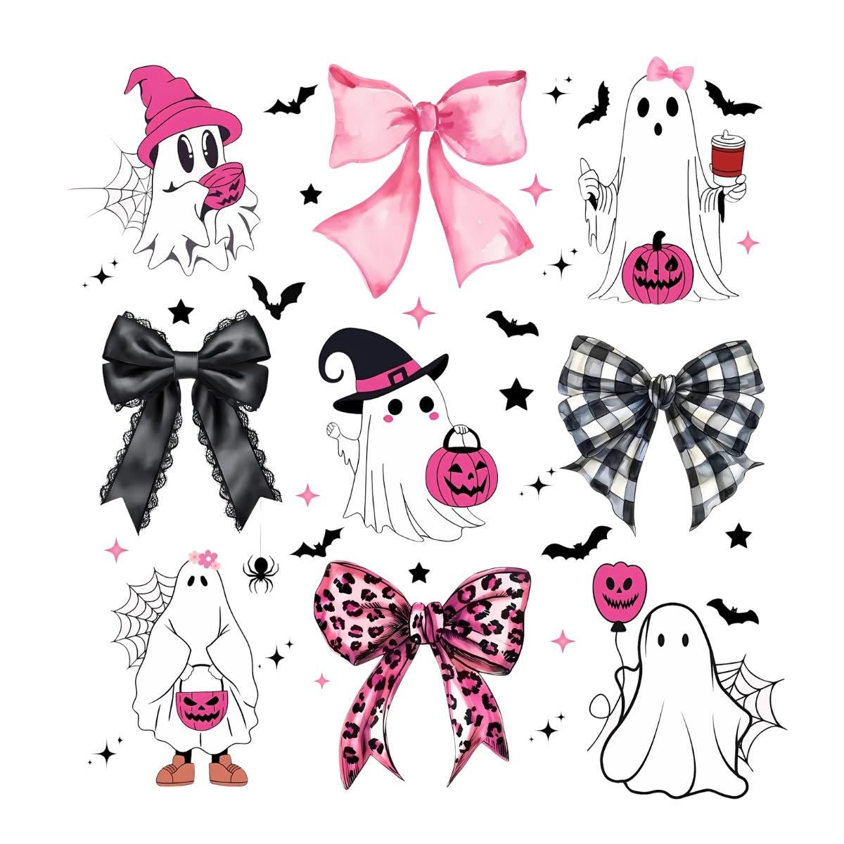 Pink and black Halloween ghosts and bows DTF transfer design