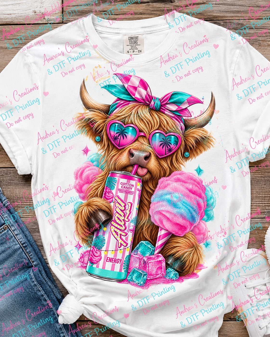 Pink Cotton Candy Highland Cow DTF transfer design