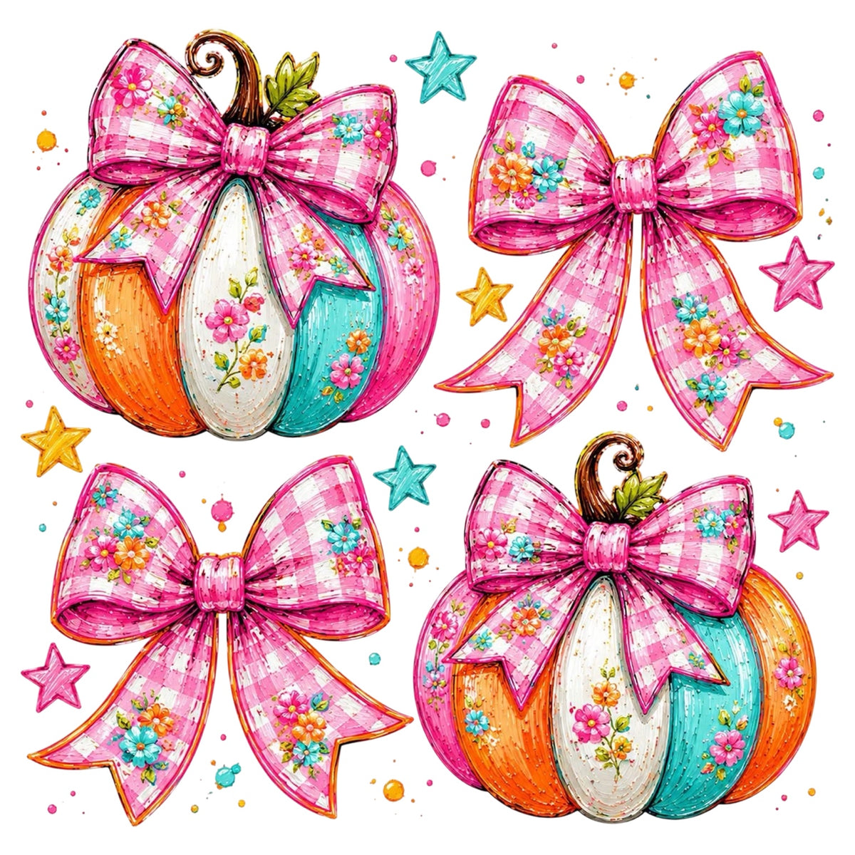 Pink gingham pumpkins and bows DTF transfer design