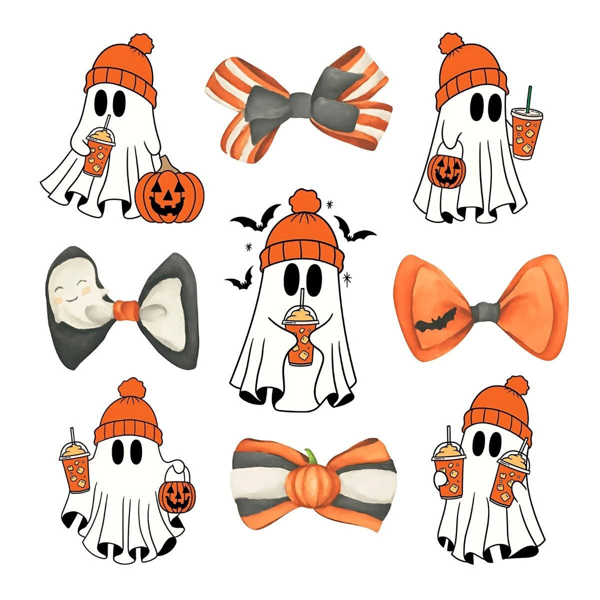 Pumpkin spice ghosts and orange bows DTF transfer design
