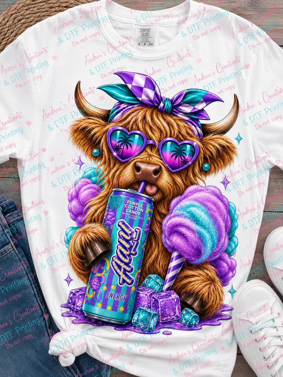 Purple Cotton Candy Highland Cow DTF transfer design