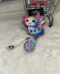 Rainbow Axolotl Badge Reel with Iridescent Glitter Bead