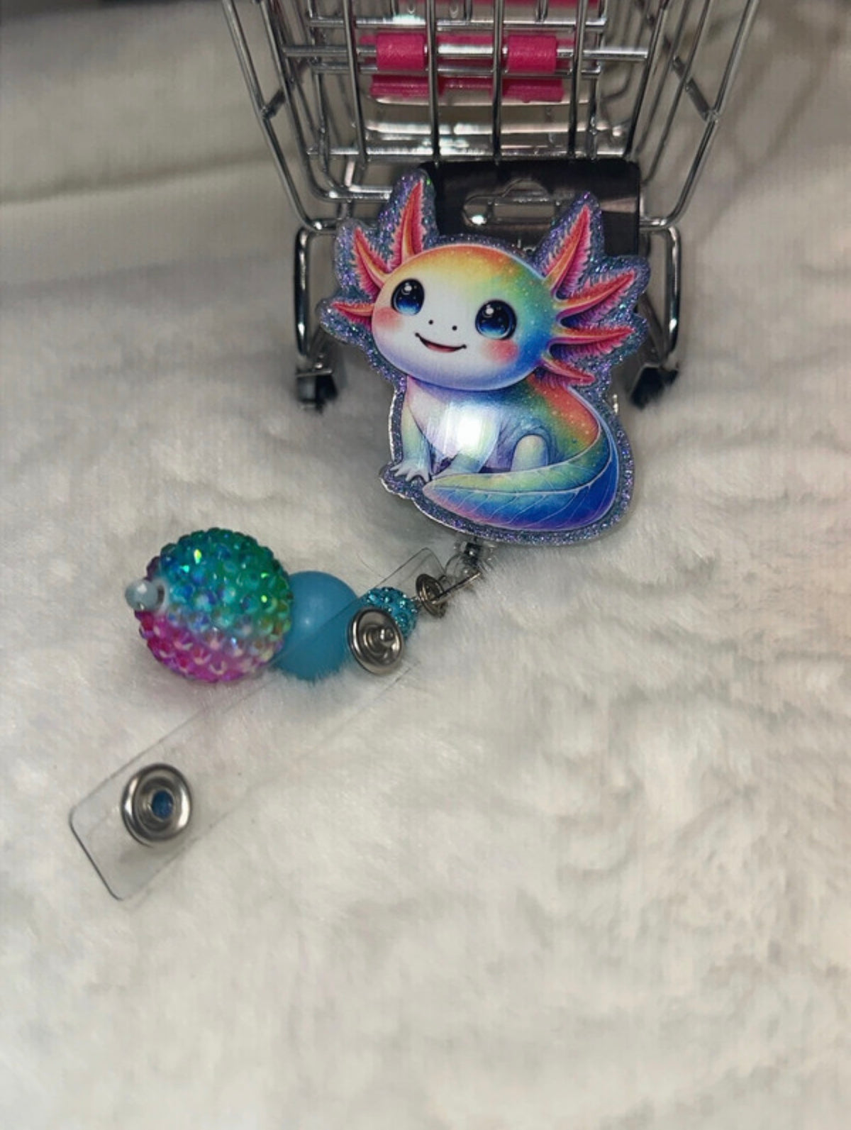 Rainbow Axolotl Badge Reel with Multicolor Glitter Bead