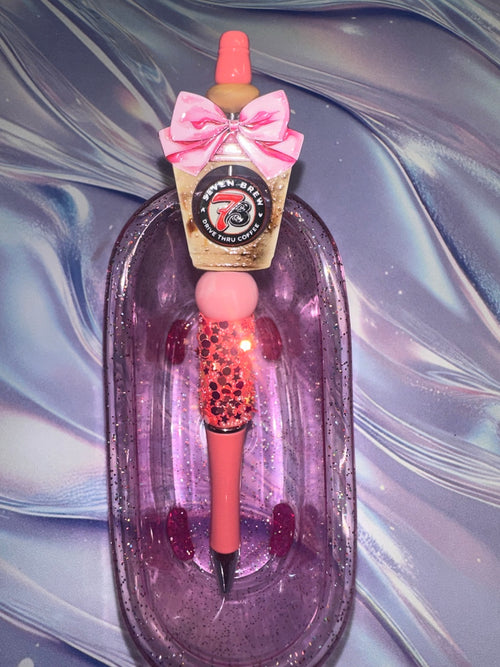 7 Brew pink glitter bow pen
