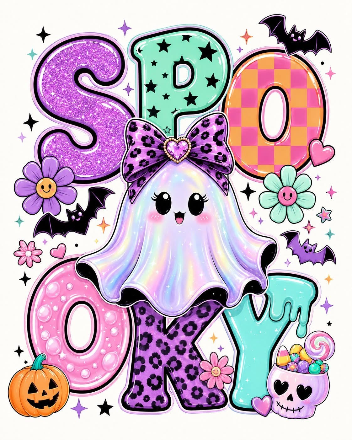 Colorful spooky ghost and bow DTF transfer