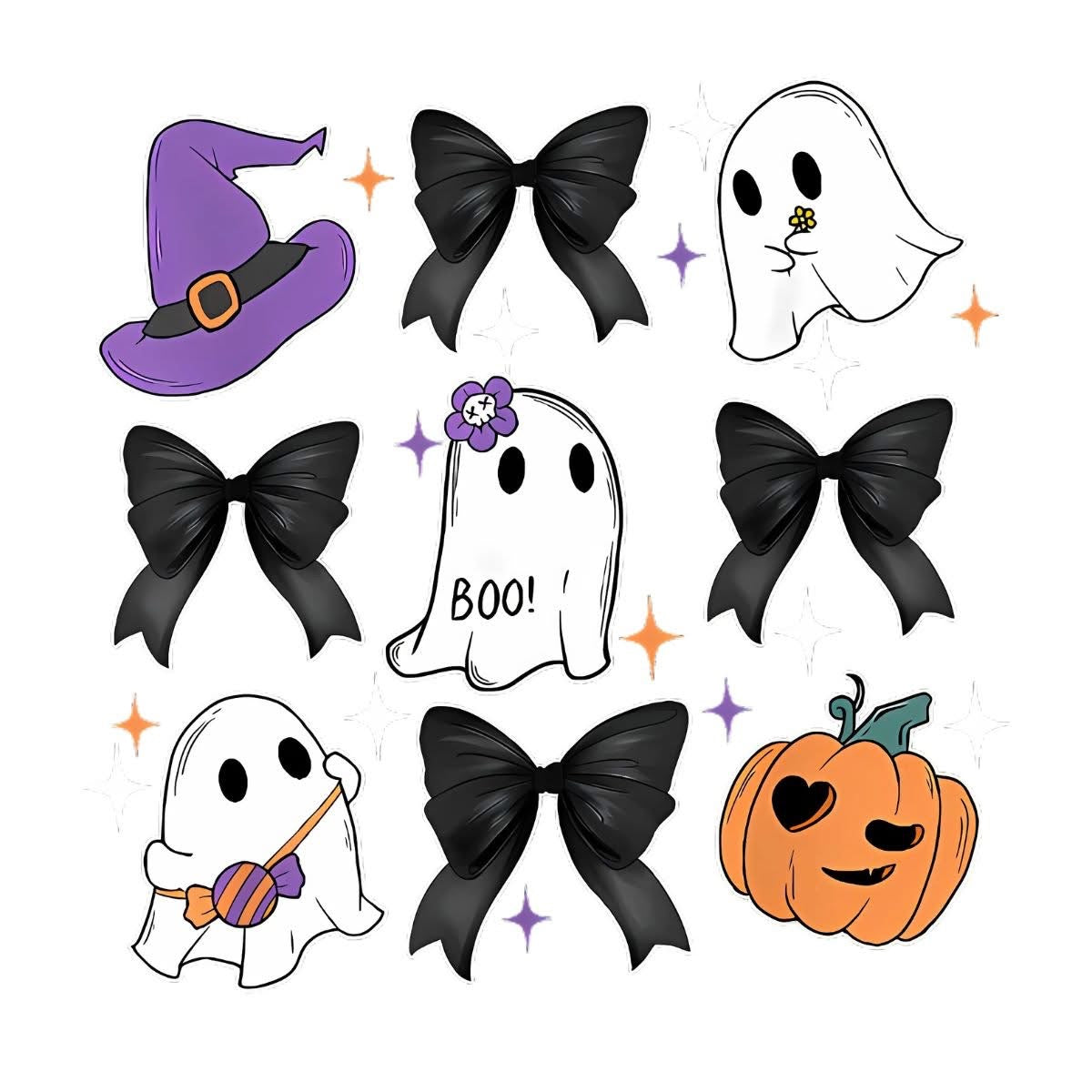 Witchy ghosts and black bows DTF transfer design